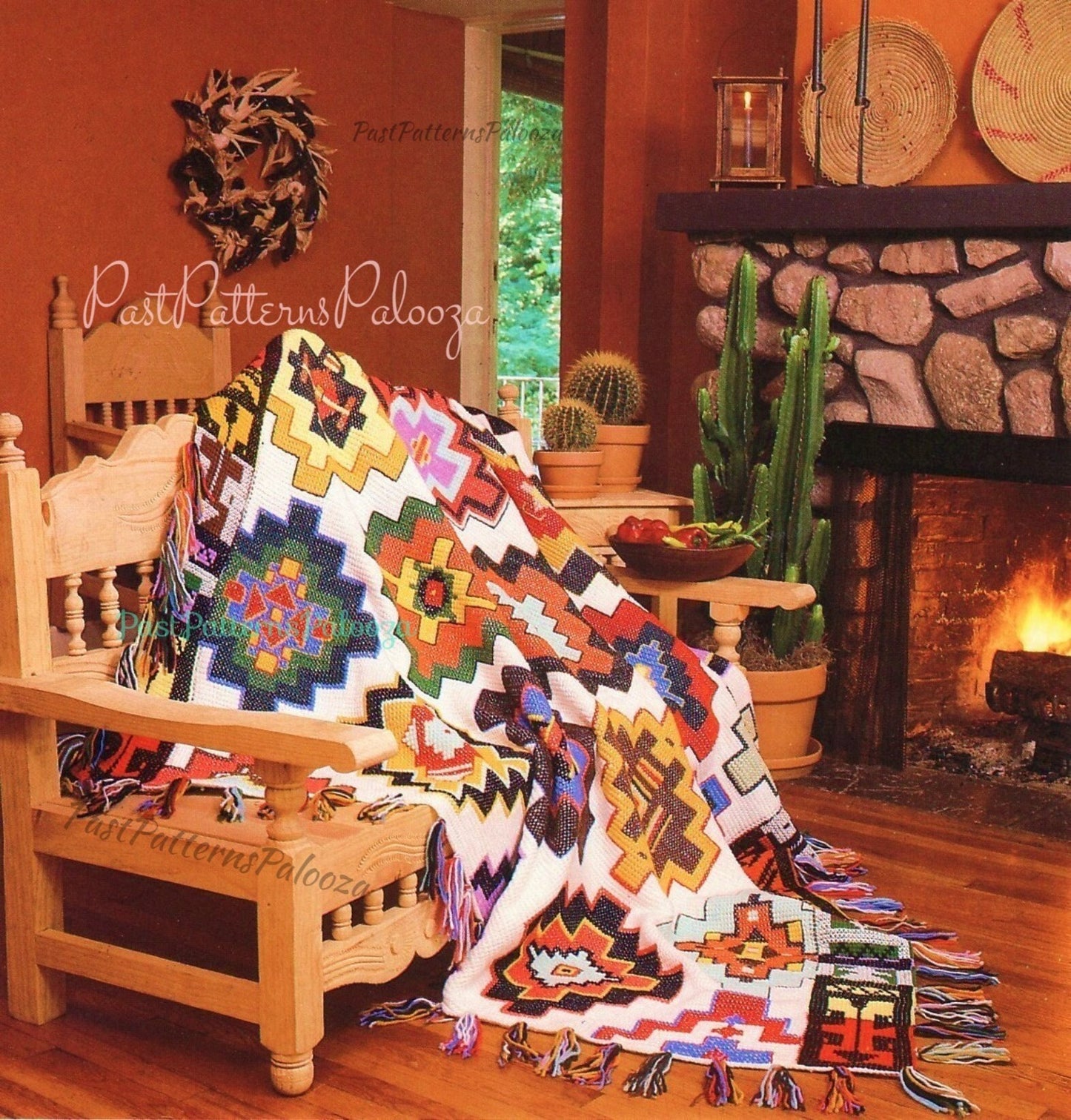 Vintage Crochet Pattern Aztec Mayan Medallions Indian Afghan Blanket PDF Instant Digital Download Navajo Throw Tunisian Stitch 68x78 10 Ply