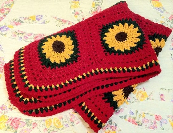 Vintage Crochet Pattern Bright Sunflowers Motif Granny Squares Afghan PDF Instant Digital Download Sun Flower Blanket 44x54 10 Ply