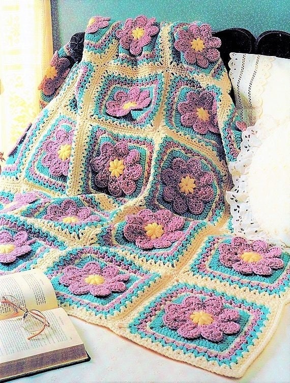 Vintage Crochet Pattern Lavender Flower Patch Afghan PDF Instant Digital Download Retro Floral Granny Square Violets Blanket 50x70 10 Ply