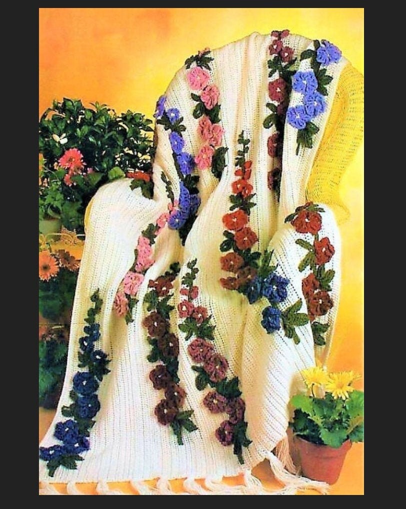 Vintage Crochet Pattern Hollyhocks Flower Afghan PDF Instant Digital Download Beautiful Floral Garden Blanket 10 Ply 45x71