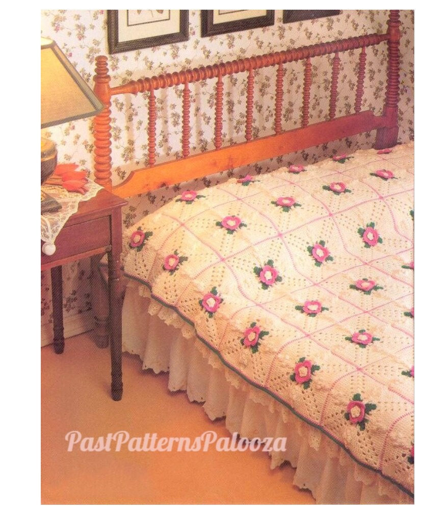 Vintage Crochet Pattern A Bed of Flowers Granny Rose Squares Bedspread Twin Full PDF Instant Digital Download Floral Afghan Blanket 10 Ply