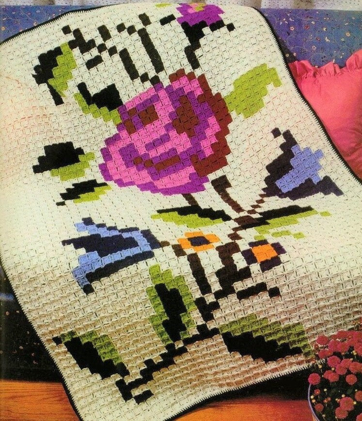 Vintage Crochet Pattern Mosaic Rose Picture Afghan Small Tiny Granny Squares PDF Instant Digital Download Large Flower Throw Blanket 5 Ply