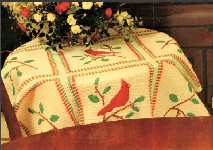 Vintage Crochet Pattern Calico Cardinal Birds Holly Holiday Set Afghan Pillow Table Runner Place Mats Christmas PDF Instant Digital Download