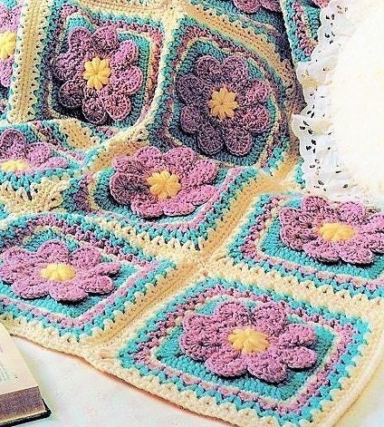 Vintage Crochet Pattern Lavender Flower Patch Afghan PDF Instant Digital Download Retro Floral Granny Square Violets Blanket 50x70 10 Ply