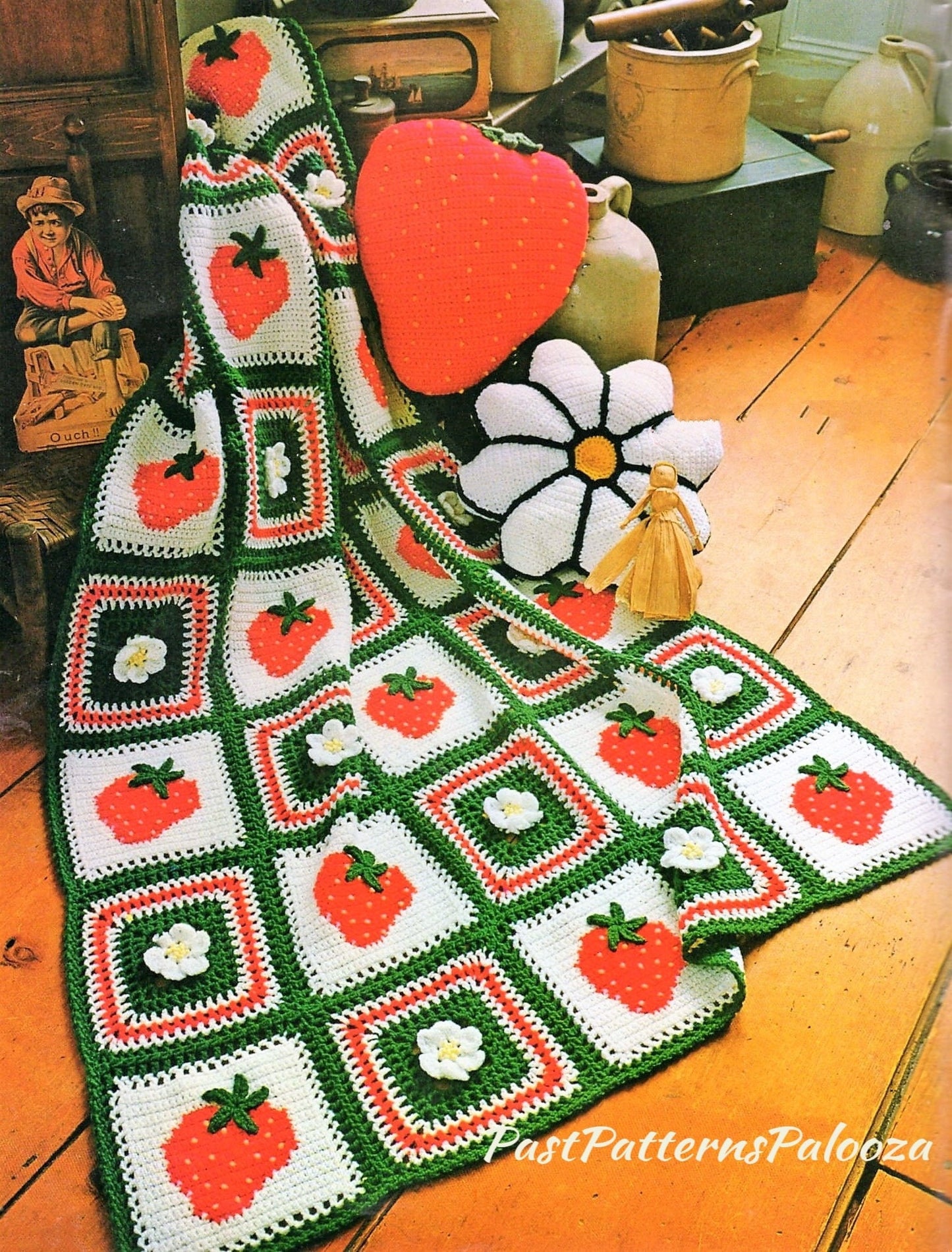 Vintage Crochet Pattern Strawberries Rosette Blossoms Afghan Granny Squares PDF Instant Digital Download Berries Flowers Blanket 10 Ply