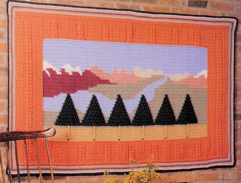 Vintage Crochet Pattern Rocky Mountains Evergreens Afghan Throw or Wall Hanging PDF Instant Digital Download Canadian Landscape 10 Ply
