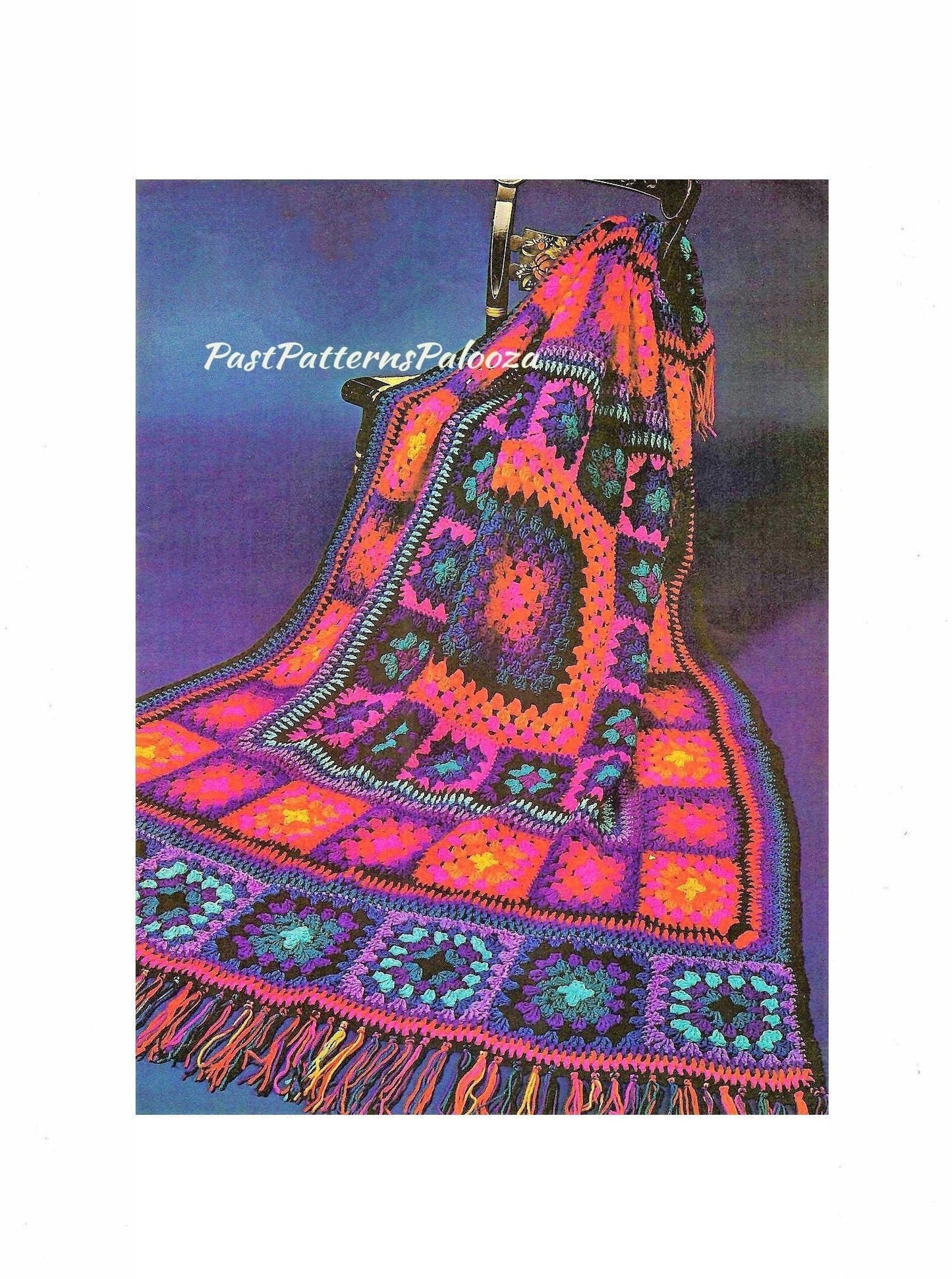 Vintage Crochet Pattern Jewel Tones Granny Squares Afghan PDF Instant Digital Download Boho Hippie Groovy Grannies Blanket 10 Ply