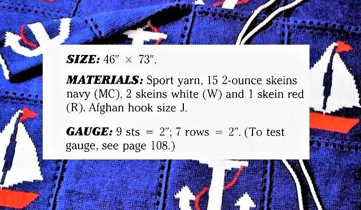 Vintage Crochet Pattern Nautical Sailboats Anchors Afghan PDF Instant Digital Download Sailing Boating Throw Blanket Tunisian Stitch 5 Ply