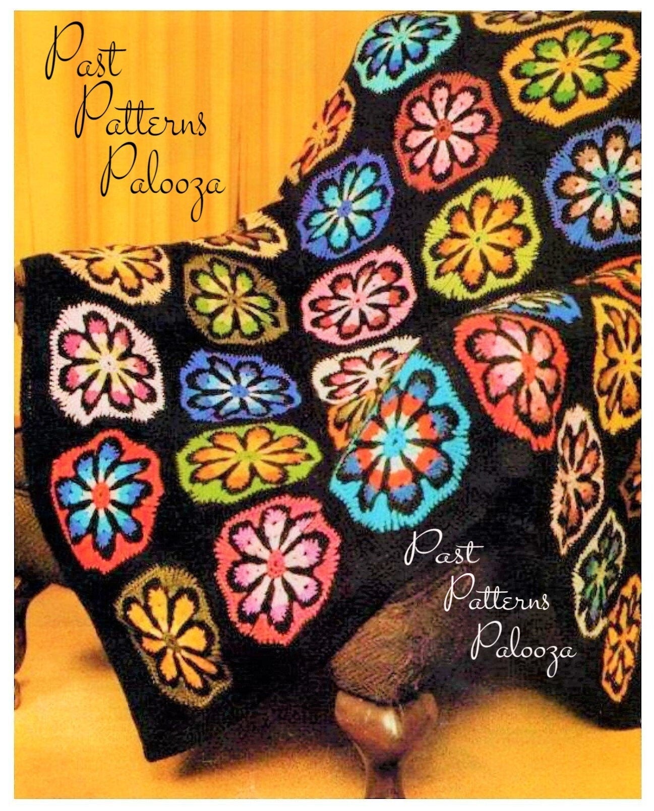 Vintage Crochet Pattern Retro Granny Square Stained Glass Flowers Afghan PDF Instant Digital Download Groovy '70s Throw Blanket DK