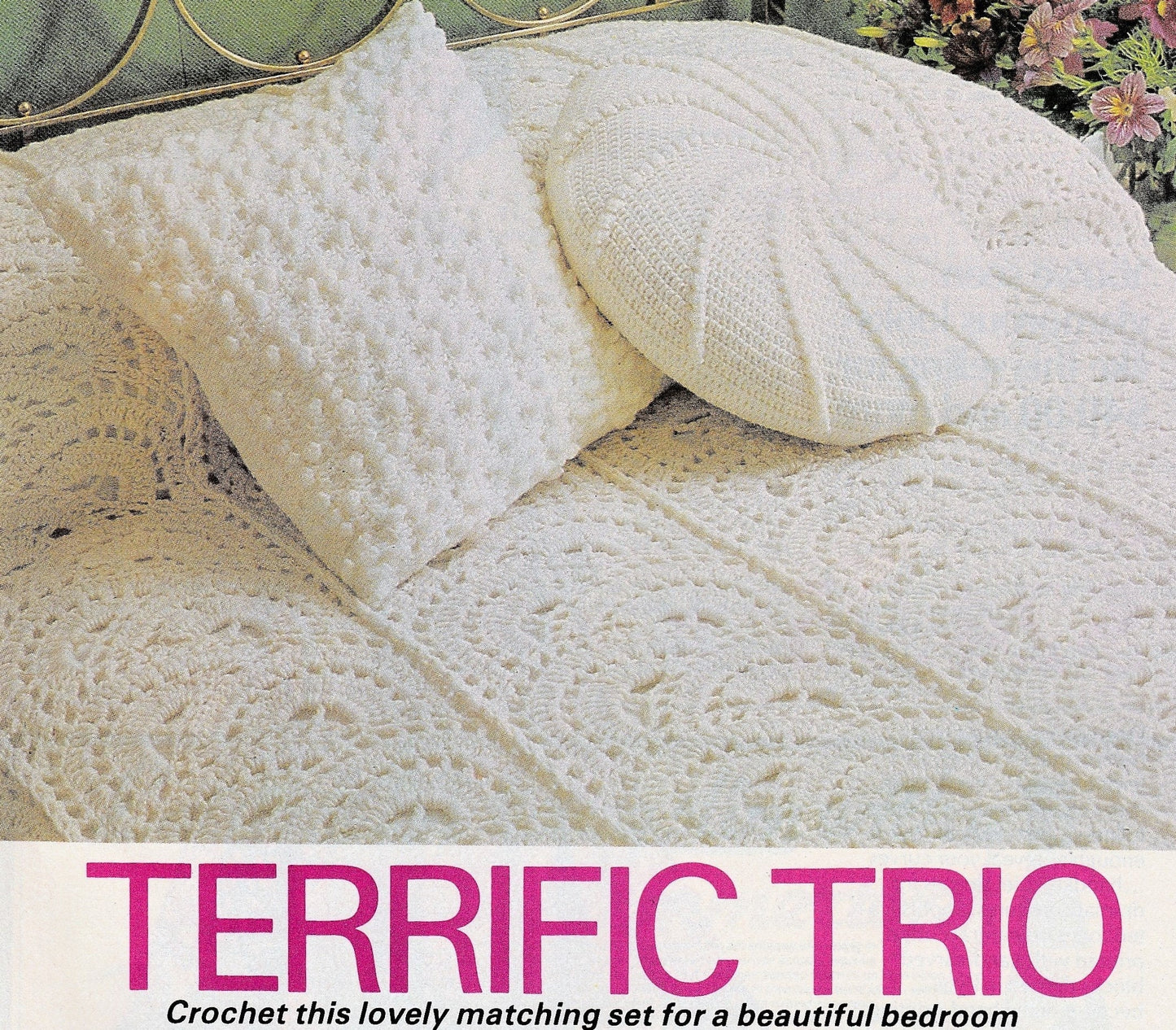 Vintage Crochet Pattern Terrific Trio Fan Panel Bedspread Afghan Bobble Stitch Throw Cushion Set PDF Instant Digital Download 8 Ply