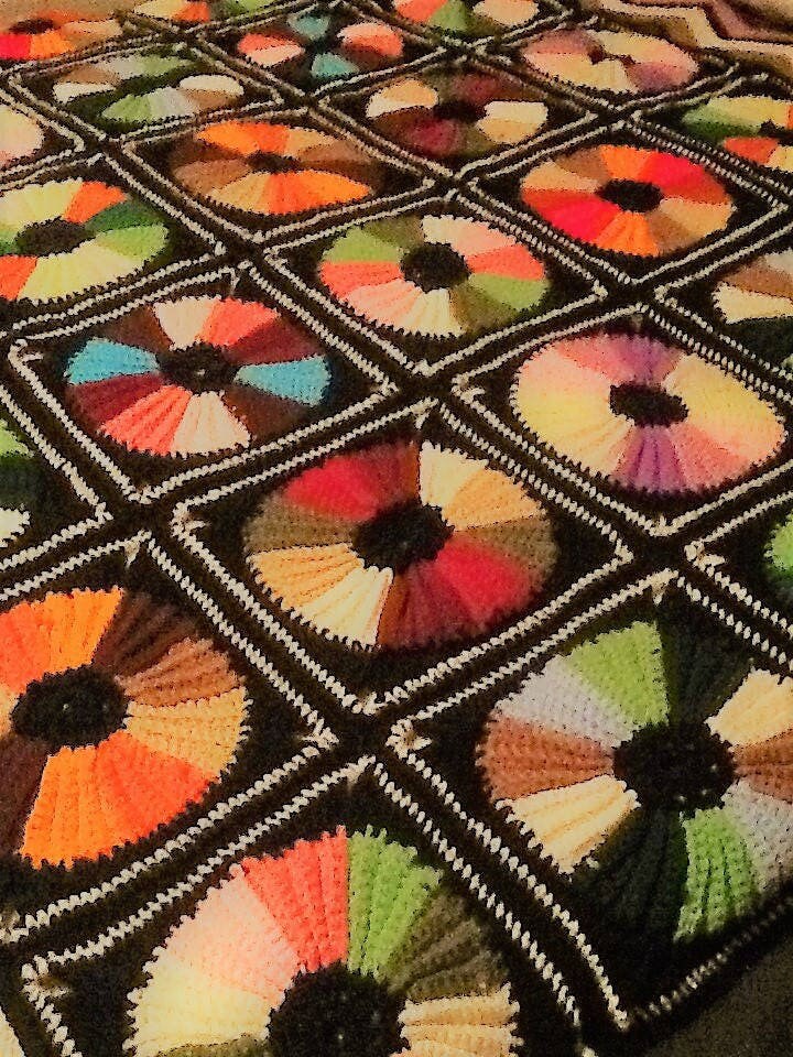 Vintage Crochet Pattern Rainbow Wheels Granny Square Afghan Dresden Plate Quilt Styled Blanket PDF Instant Digital Download 50x70 10 Ply