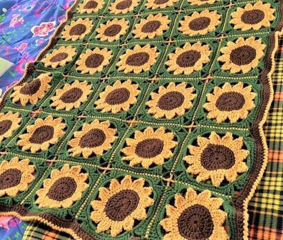 Crochet Sunflower Motif Afghan Pattern PDF Instant Digital Download Vintage Sunflowers Afghan Blanket 42x54 10 Ply