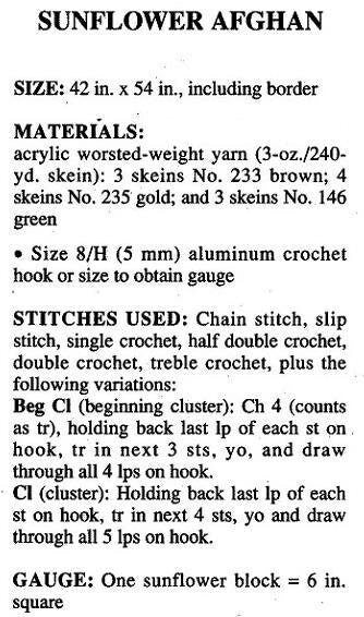 Crochet Sunflower Motif Afghan Pattern PDF Instant Digital Download Vintage Sunflowers Afghan Blanket 42x54 10 Ply