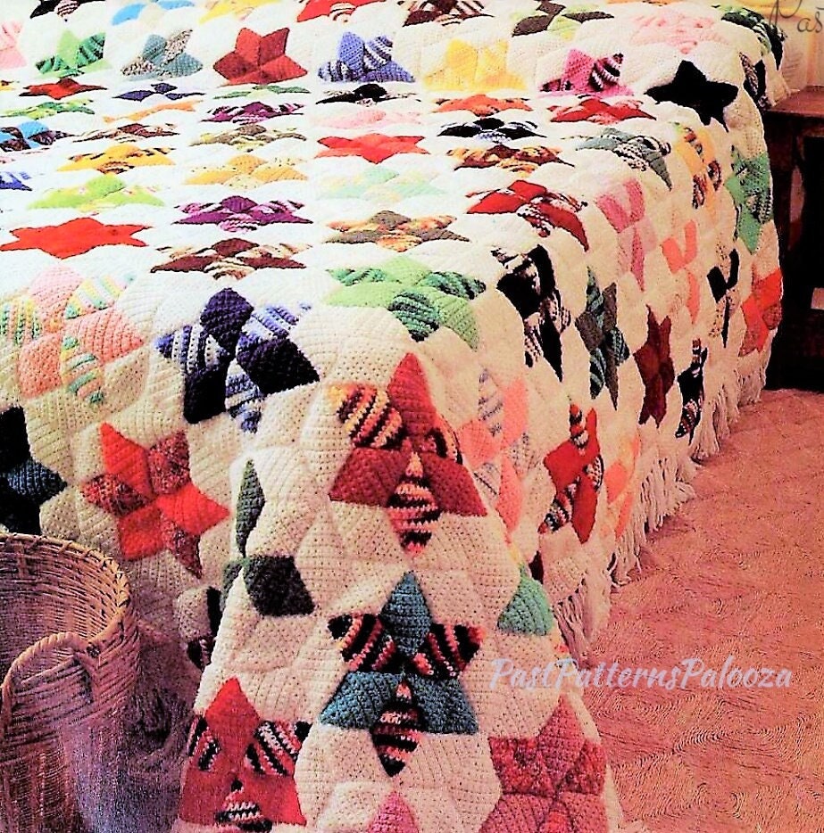 Vintage Crochet Pattern Star Quilt Patchwork Bedspread Afghan PDF Instant Digital Download Beautiful Diamond Hexagon Bed Cover 10 Ply