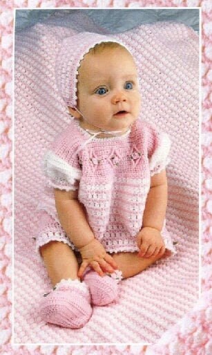 Vintage Crochet Pattern Baby Girl Roses and Dots 5 Piece Layette Set PDF Instant Digital Download Dress Pants Bonnet Booties Afghan 0-12 m