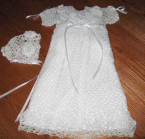 Vintage Thread Crochet Pattern Pretty Baby Girl Christening Dress Bonnet Set Rose & Leaf Motif Picots PDF Instant Digital Download Baptism