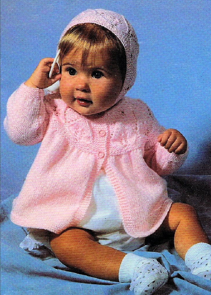 Vintage Knitting Pattern Knit Baby Girl Leaf Yoke Matinee Jacket Coat Angel Top Bonnet Set PDF Instant Digital Download 0-9m 4 Ply