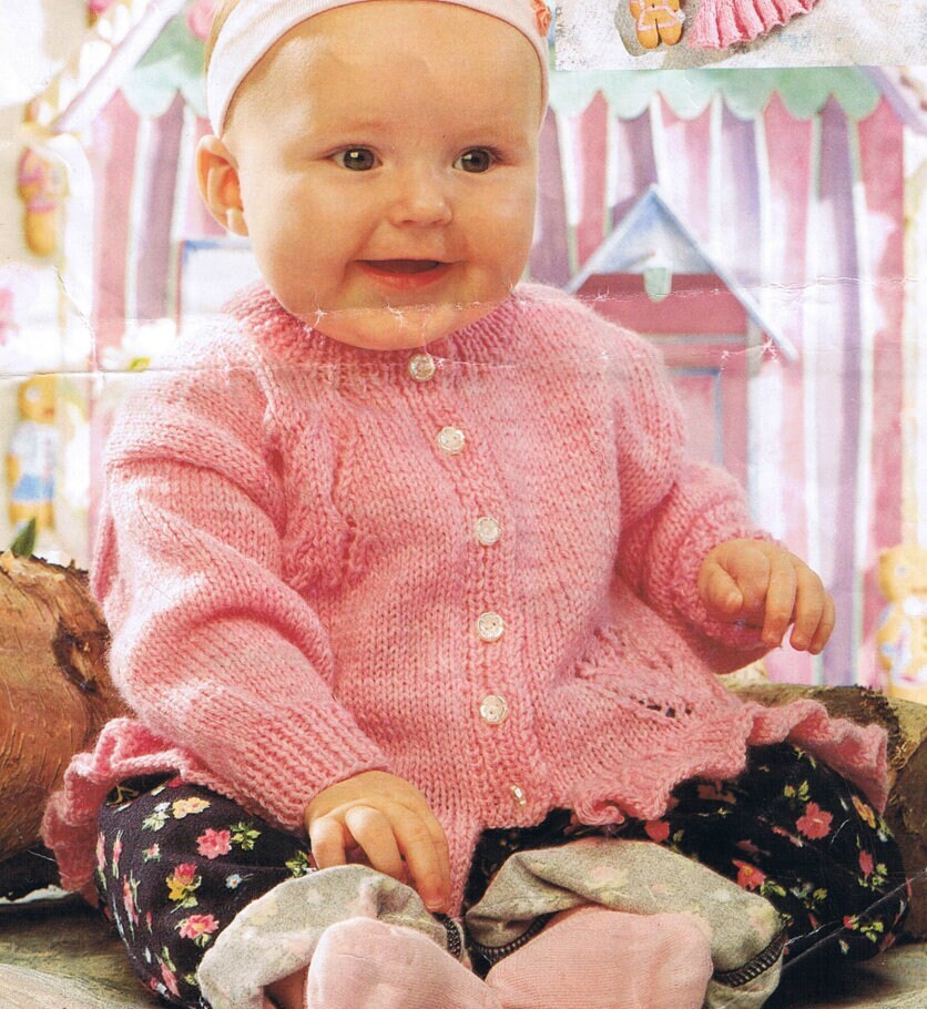 Vintage Knitting Pattern Baby Girl Peplum Frill Cardigan Sweater Flower and Butterfly PDF Instant Digital Download 0-7 yrs DK 8 Ply