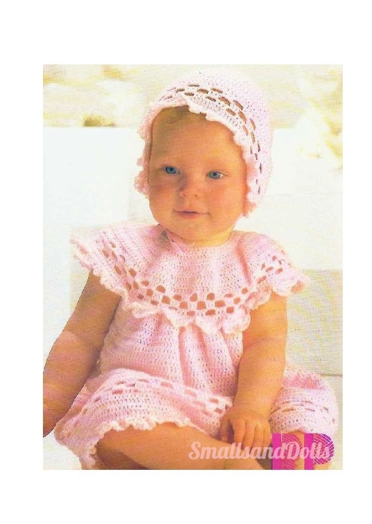Vintage Crochet Pattern Baby Girl Ruffled Yoke Dress and Bonnet Set Lacy Openwork PDF Instant Digital Download Newborn - 18m 3 Ply