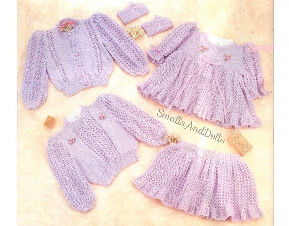 Vintage Knitting Pattern Pretty Baby Girl Old Fashioned 5 Piece Set PDF Instant Digital Download Dress Skirt Sweater Shoes 0-2 yrs 3 Ply
