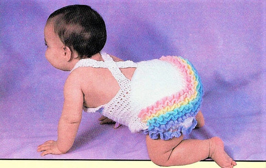 Vintage Crochet Pattern Baby Girl Rainbow Bubble Romper Ruffled Frilly Bottom Summer Playsuit PDF Instant Digital Download 12m-18m 3 Ply