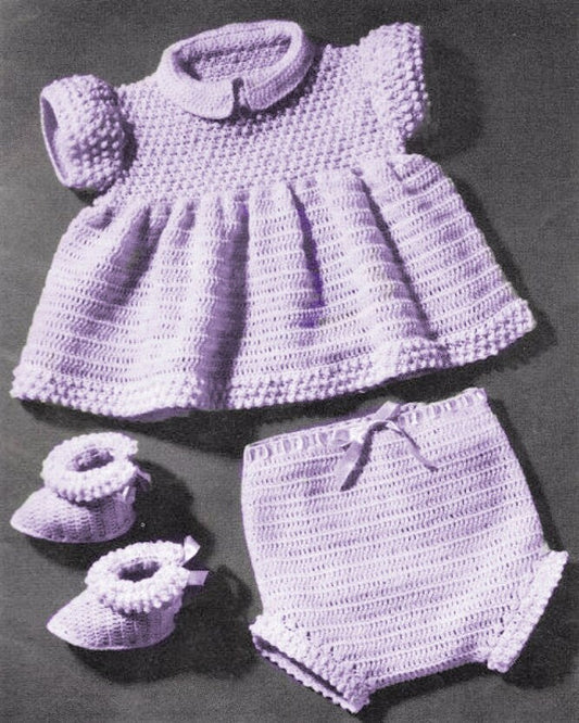 Vintage Crochet Pattern Baby Girl Sunday Best 3 Pc Dress Soaker Pants Booties Set PDF Instant Digital Download 6-18m 3 Ply