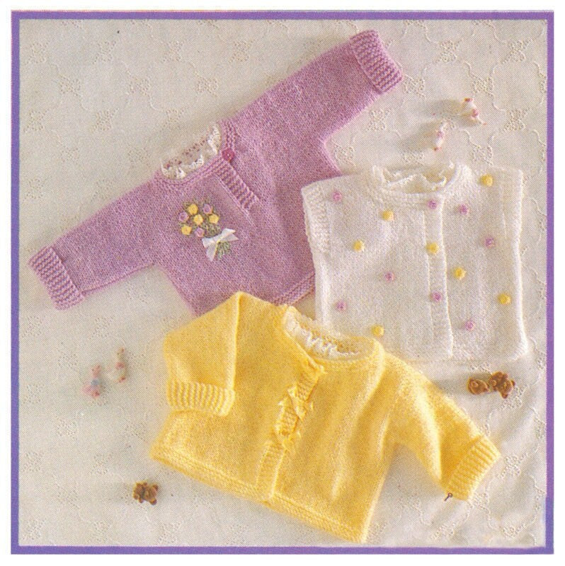 Vintage Knitting Pattern Knit Baby Girl Ribbon Cardigan Jacket Pullover Sweater Bolero Hat Set PDF Instant Digital Download 0-2 Yrs 8 Ply