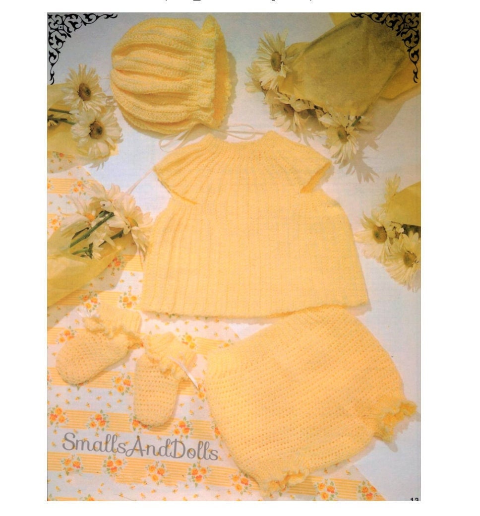Vintage Crochet Pattern Pretty Baby Girl 4 Piece Set Dress Bonnet Booties Panties PDF Instant Digital Download 0-6 months 5 Ply