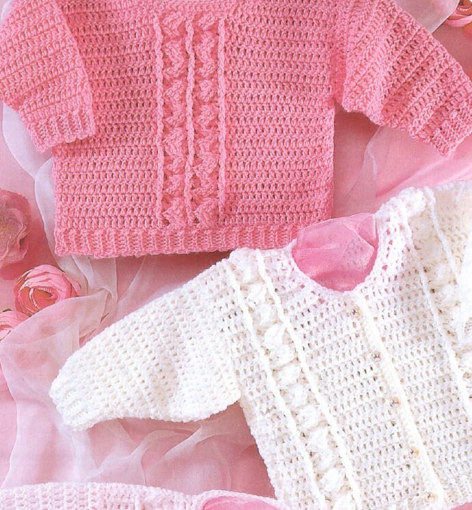 Vintage Crochet Pattern Baby Girl Pretty Paneled Cardigan and Pullover Sweaters PDF Instant Digital Download Preemie - 12 Months DK 8 Ply
