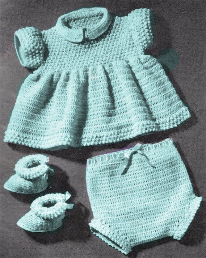 Vintage Crochet Pattern Baby Girl Sunday Best 3 Pc Dress Soaker Pants Booties Set PDF Instant Digital Download 6-18m 3 Ply