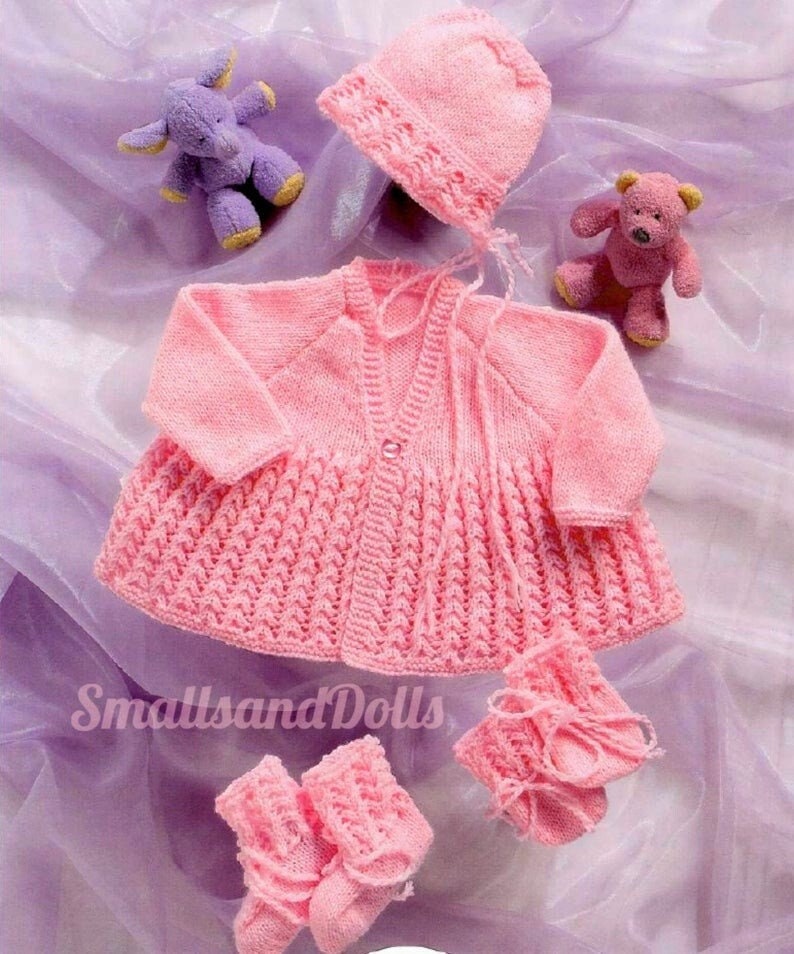Vintage Knitting Pattern Baby Girl V Neck Matinee Coat Hat Booties Mitts Set PDF Instant Digital Download Preemie -6 months DK