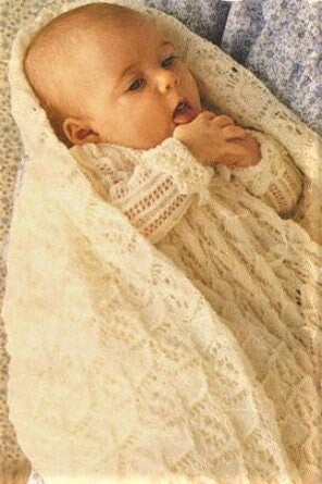 Vintage Knitting Pattern Baby Long Christening Gown Dress and Shawl Set Scalloped Edge Eyelet Lace PDF Instant Digital Download 3-6m 3 Ply
