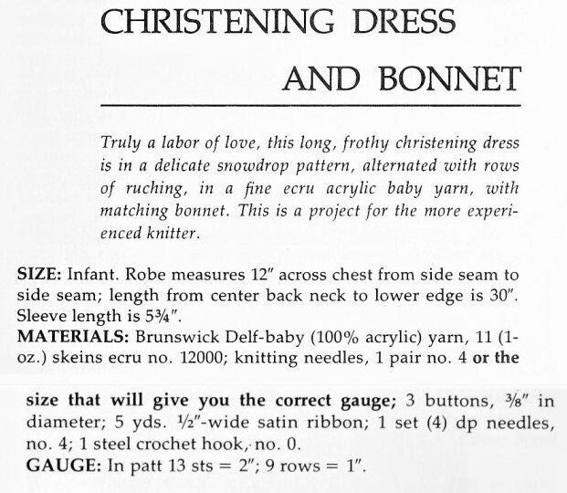 Vintage Knitting Pattern Baby Christening Dress and Bonnet Lacy Snowdrops PDF Instant Digital Download 3-6m 4 Ply