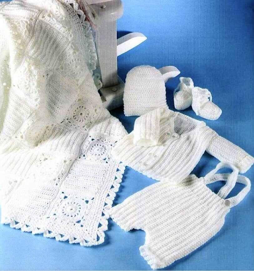 Vintage Crochet Pattern Baby Boy Christening Baptism 5 piece Outfit Set PDF Instant Digital Download Jacket Shorts Hat Shoes Blanket 3-24m
