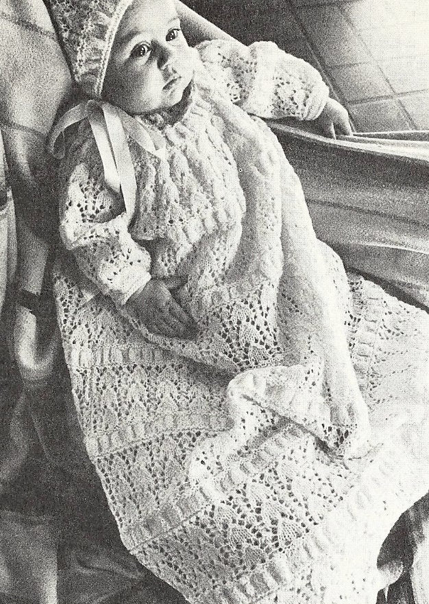 Vintage Knitting Pattern Baby Christening Dress and Bonnet Lacy Snowdrops PDF Instant Digital Download 3-6m 4 Ply