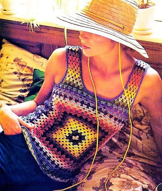 Vintage Crochet Pattern Womens Rainbow Granny Square Sleeveless Vest Tank Top PDF Instant Digital Download 1970s Cotton Thread Boho Chic