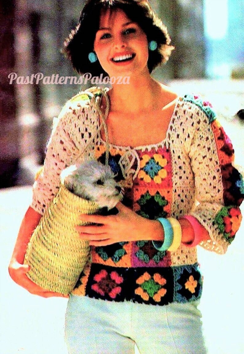 Vintage Crochet Pattern Womens Retro Granny Square Peasant Blouse Top PDF Instant Digital Download 2 Styles Hippie Boho Chic 1970s 10 Ply