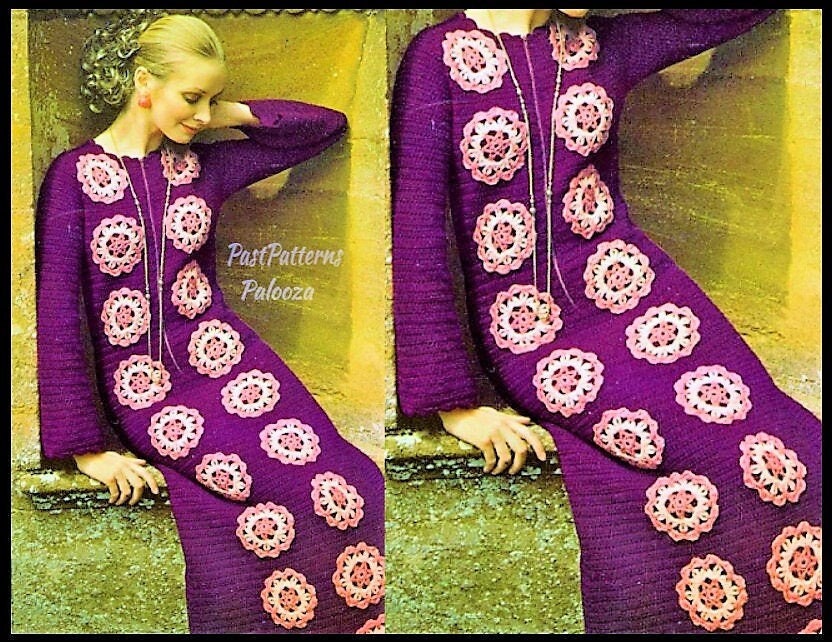 Vintage Crochet Pattern Womens Boho Flower Maxi Dress PDF Instant Digital Download Round Granny Square Motifs DK