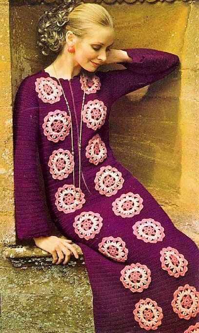 Vintage Crochet Pattern Womens Boho Flower Maxi Dress PDF Instant Digital Download Round Granny Square Motifs DK