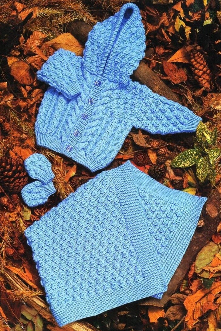 Vintage Knitting Pattern Baby Aran Hooded Cardigan Jacket Blanket Mitts Set PDF Instant Digital Download Cable Cardigan 0 - 4 yrs 10 Ply