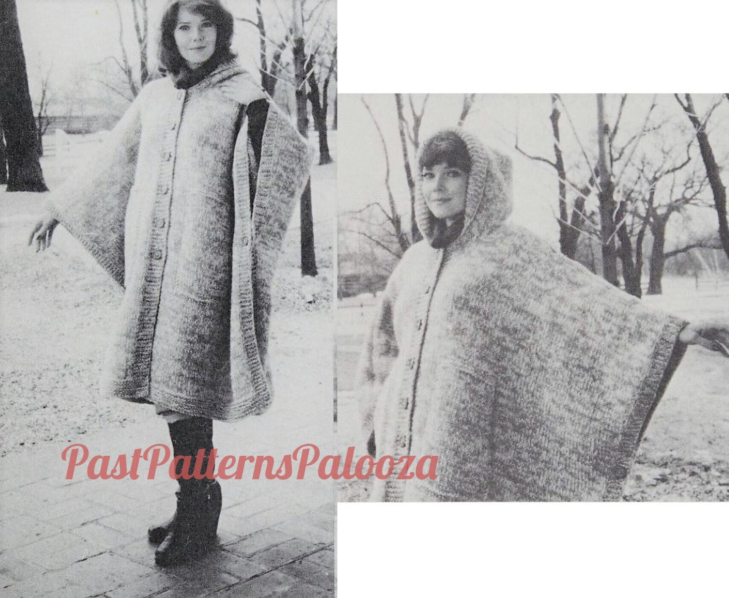 Vintage Knitting Pattern Womens Boho Hooded Poncho Coat PDF Instant Digital Download Retro Rectangle Sweater Cape 10 Ply One Size