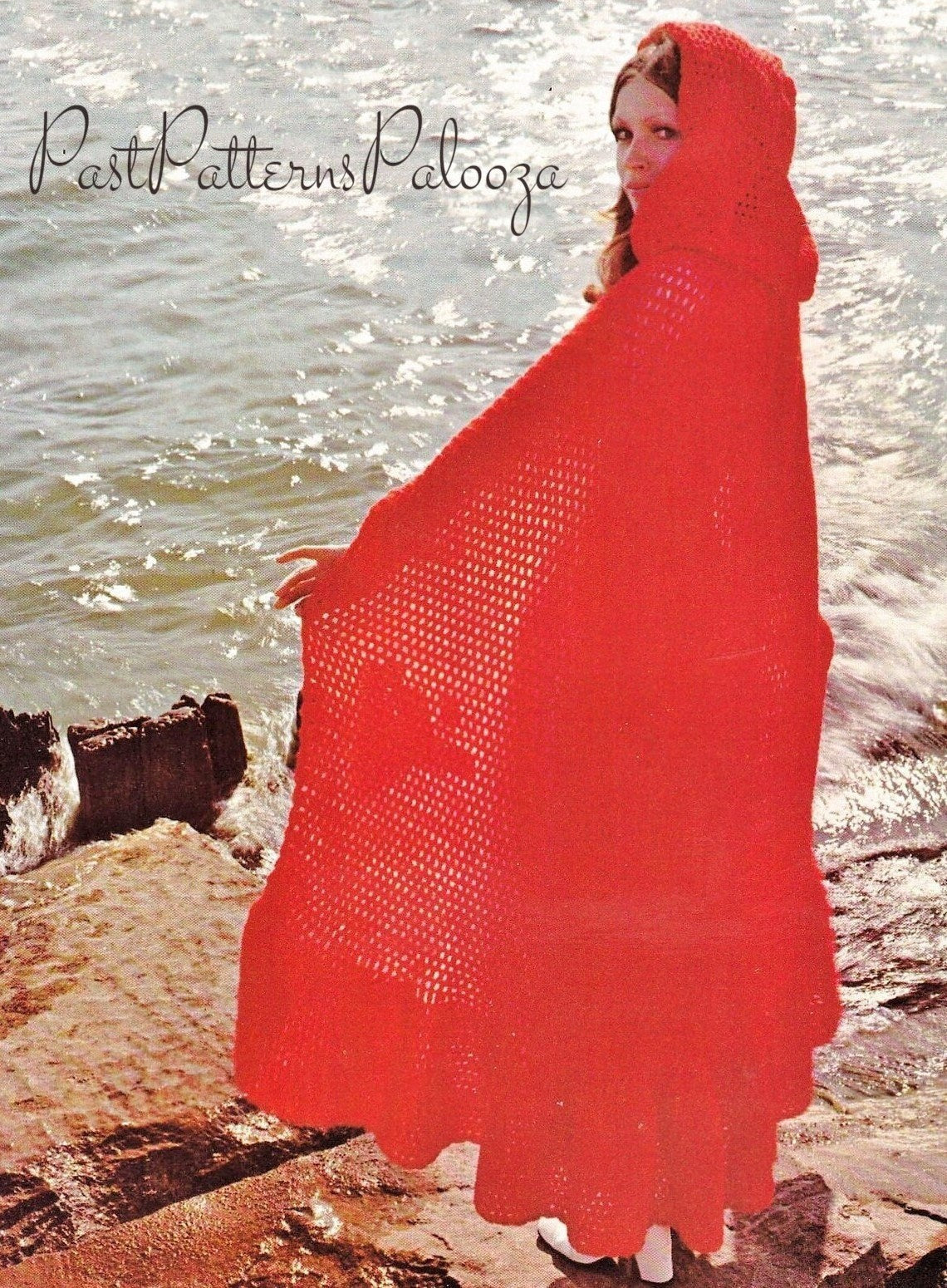 Vintage Crochet Pattern Womens Retro Long Hooded Cape Flounce Hem PDF Instant Digital Download '70s Mod Gypsy Chic 10 Ply Easy Beginners