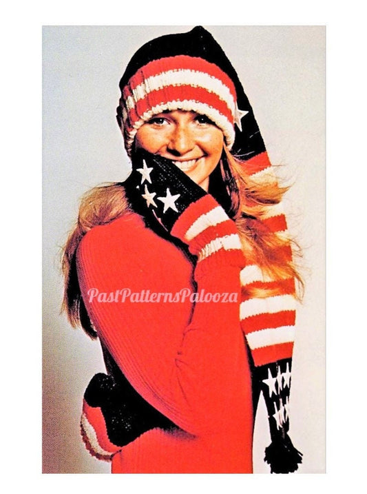 Vintage Knitting Pattern Womens 4th Of July Stars Stripes Patriotic Stocking Hat Mittens Set PDF Instant Digital Download Scarf-Hat 10 Ply
