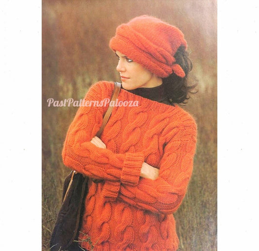 Vintage Knitting Pattern Womens Retro Bold Cabled Sweater and Scarf Hat Set PDF Instant Digital Download Cable Twist Pullover Bulky 12 Ply