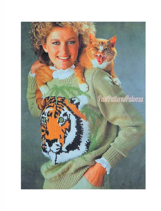 Vintage Knitting Pattern Womens Tiger Face Sweater PDF Instant Digital Download Retro Animal Motif Pullover Jumper DK