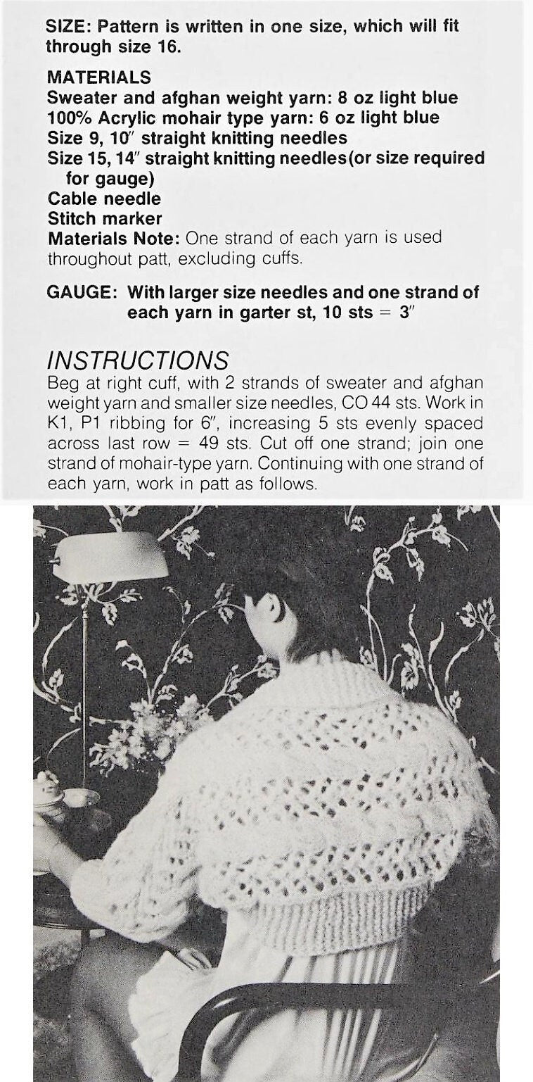 Vintage Knitting Pattern Womens Shoulderette Bed Jacket Lacy Openwork Bed Shrug PDF Instant Digital Download 10 Ply Mohair