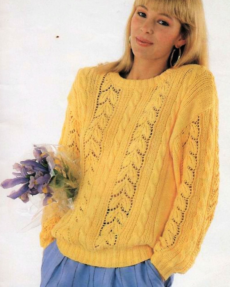 Vintage Knitting Pattern Womens Lacy Leaf Panel Summer Tops Loose Knit Cotton Short & Long Sleeved PDF Instant Digital Download DK