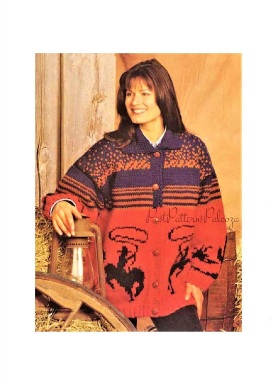 Vintage Knitting Pattern Womens Western Cardigan Jacket PDF Instant Digital Download Knit Fair Isle Cowichan Rodeo Sweater Coat Bulky 12 Ply