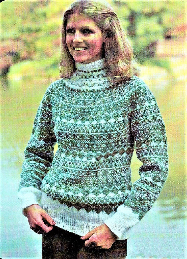 Vintage Knitting Pattern Womens Nordic Fair Isle Pullover Sweater PDF Instant Digital Download Fair Isle Mohair Turtleneck 5 Ply