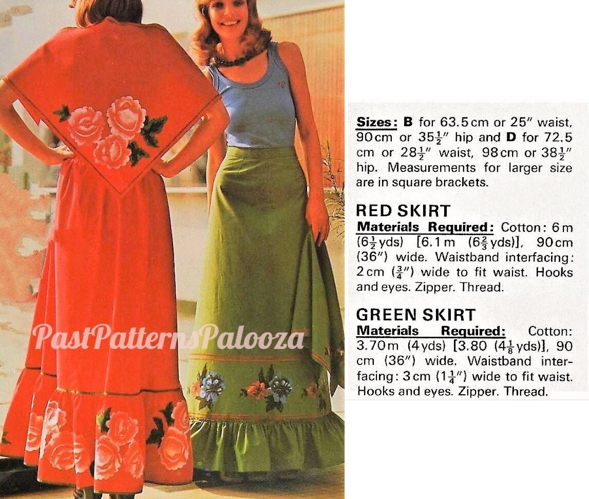 Vintage Sewing Pattern Womens Peasant Maxi Skirt & Shawl Set Painted Flowers PDF Instant Digital Download 70s Fiesta Boho Flower Child Gypsy
